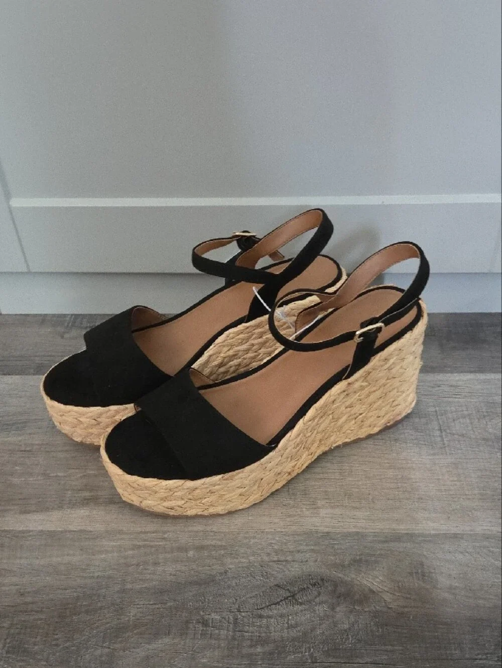 Women’s Black Espadrille Wedge Sandals with Ankle Strap, Size 10, New In Box